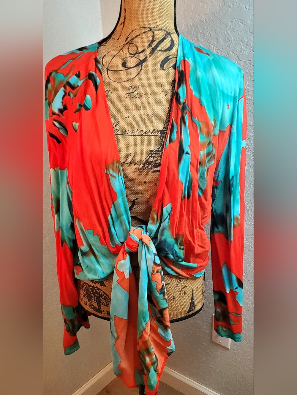On The Road Orange & Turquoise Abstract Tie-Front Top